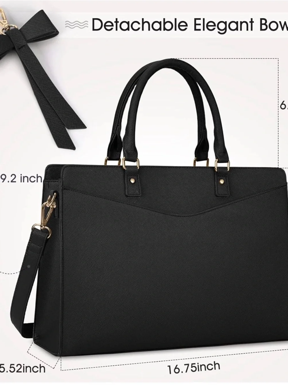 Professional Black Laptop Bag with Exterior Pocket and cute bow